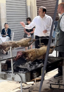 lamb roasting on spit in Athens